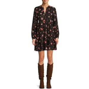 The GET Black Floral Gold Shimmer Striped Long Sleeve Flowy Lined Mini Dress S